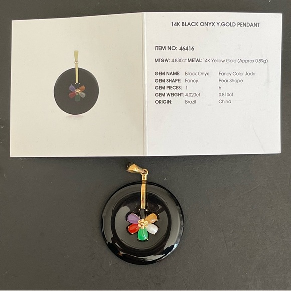 New 14K Yellow Gold Black Onyx with fancy color jade Flower pendant.